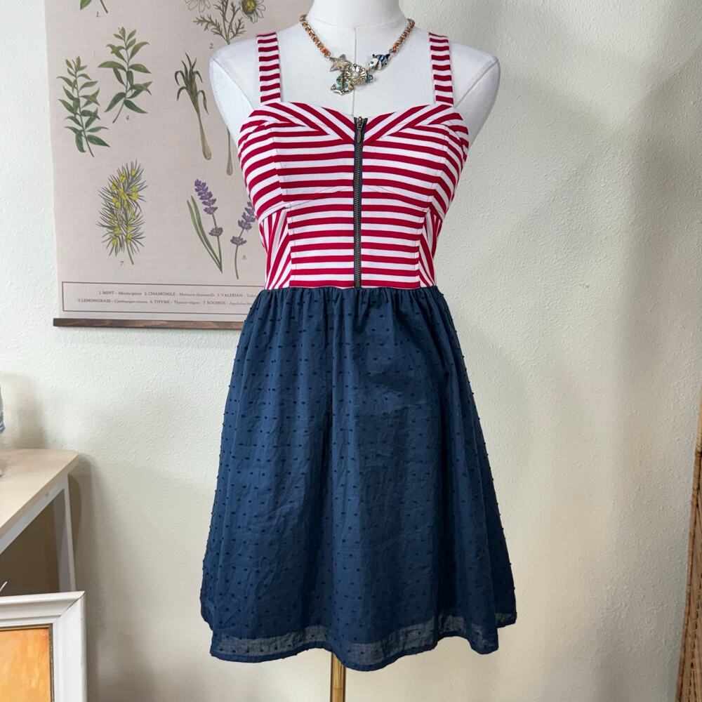 Striped Swiss Dot Mini Dress Nautical 2010s Americana Y2k Whimsy Twee Coquette S